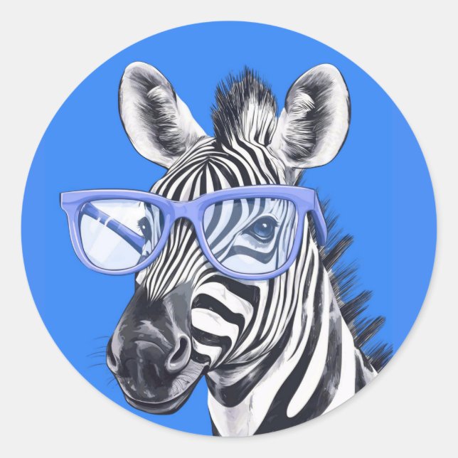 Lustiges Zebra mit blauer Brille | Cute Runder Aufkleber (Vorderseite)