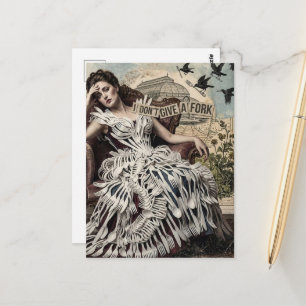 Lustiges Zitat Vintage-Frau in einem Gabelkleid Postkarte