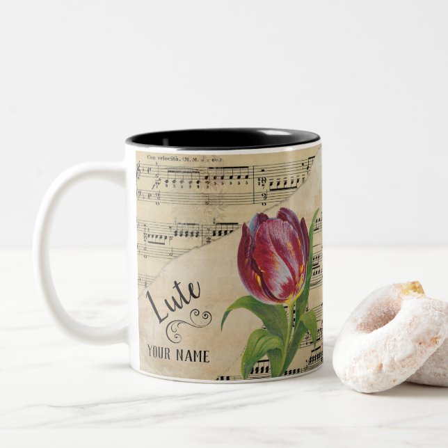 Lute Tulip Vintag Sheet Music - kundenspezifisch Zweifarbige Tasse (Mit Donut)