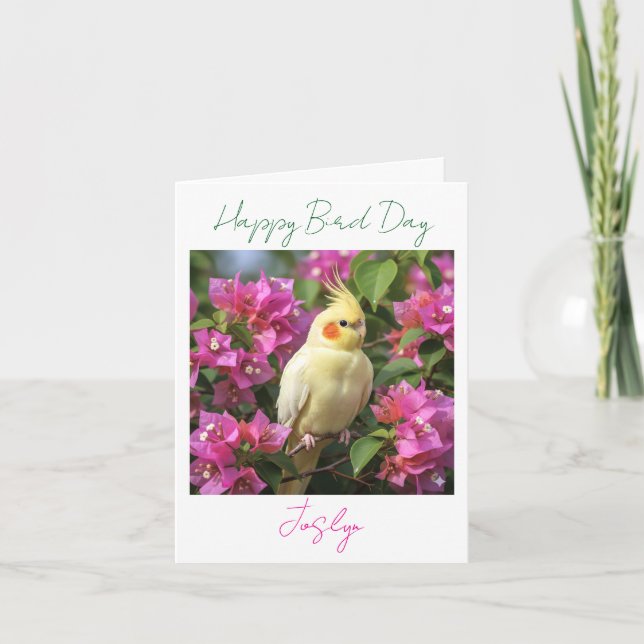 Lutino Cockatiel in Purple Flowers Custom Birthday Karte (Vorderseite)