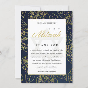 LUX ELEGANT NAVY GOLD ROSE FLORAL BAT BAR MITZVAH DANKESKARTE