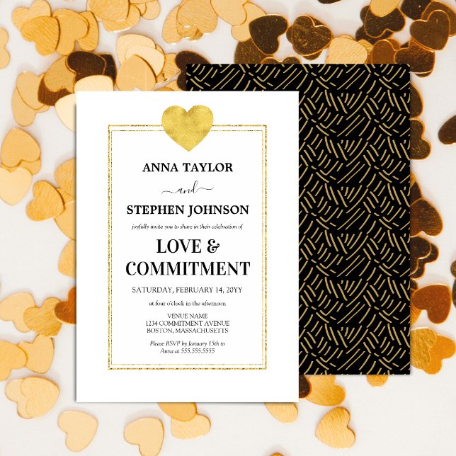 Lux Gold Herz Liebe & Commitment Zeremonie Einladung (Faux gold foil look commitment ceremony invitation front and back view.)