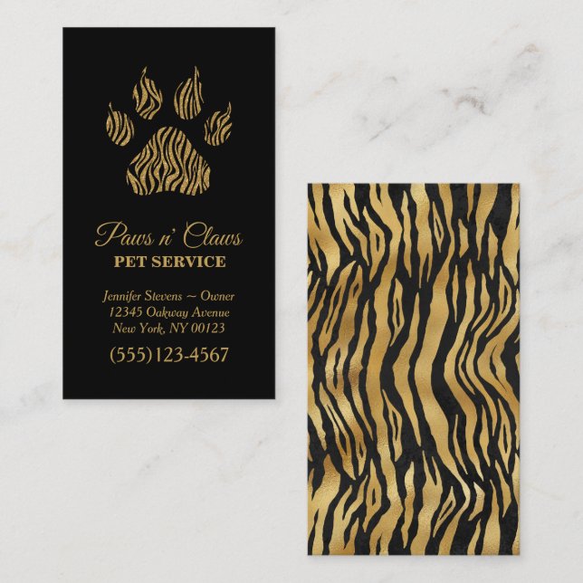 Lux Gold Tiger Print Paw Pet Service Visitenkarte (Vorne/Hinten)
