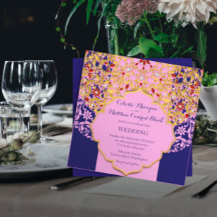 Lux Jeweled Gold Pink Blue Hindu Wedding Einladung