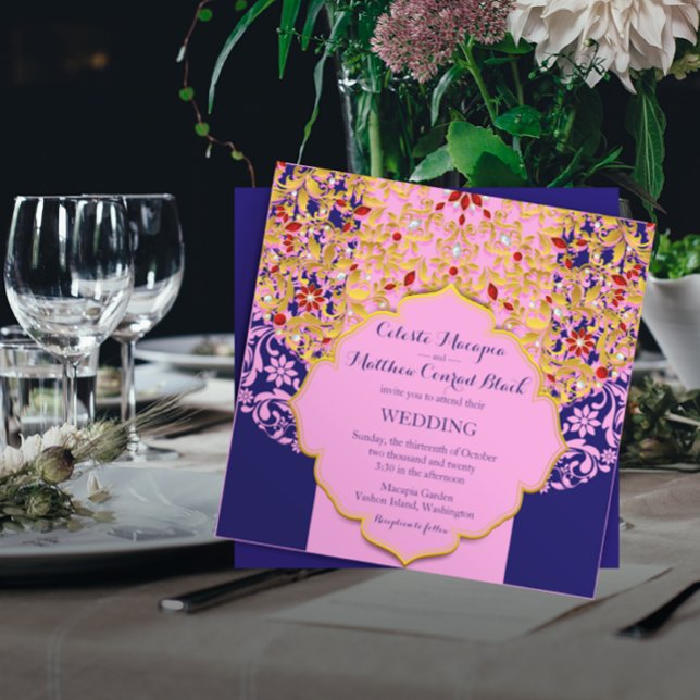 Lux Jeweled Gold Pink Blue Hindu Wedding Einladung (Von Creator hochgeladen)