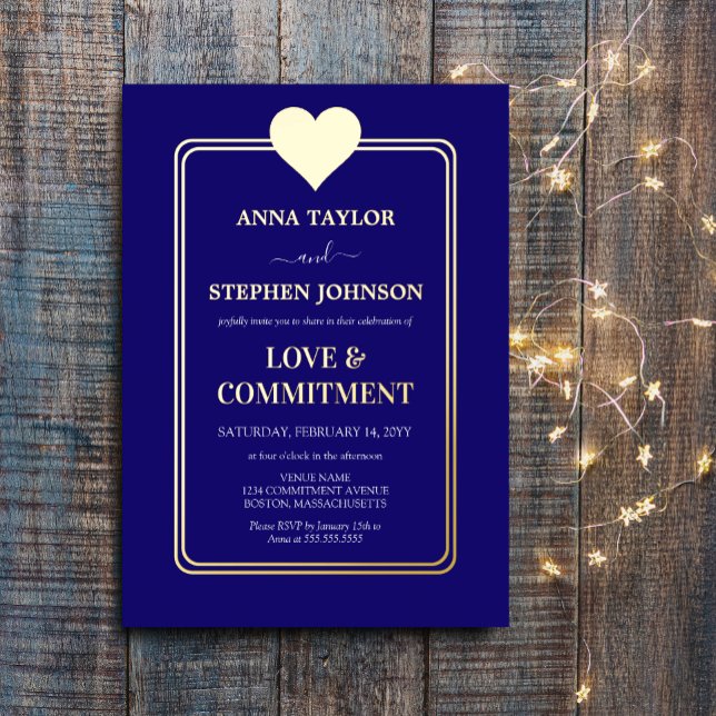 Lux Navy Blue and Gold Heart Commitment Zeremonie Folieneinladung (Navy blue and gold foil commitment ceremony invitation front view.)