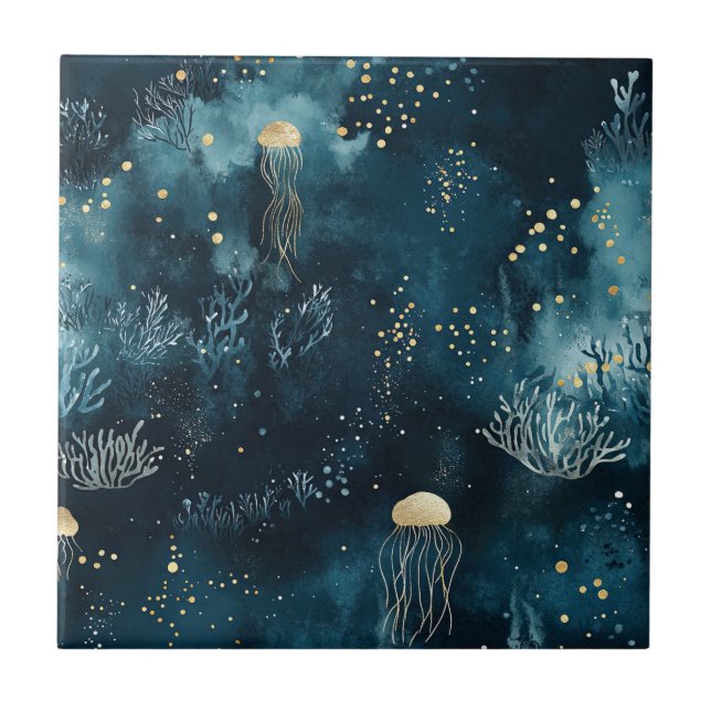 Lux Ocean Jellyfish & Coral Gold Pattern (1) Fliese (Vorderseite)