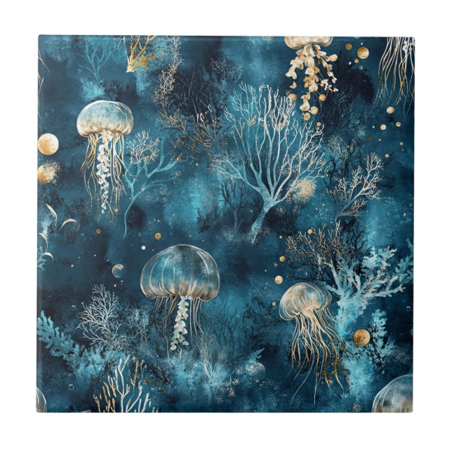 Lux Ocean Jellyfish & Coral Gold Pattern (2) Fliese (Vorderseite)