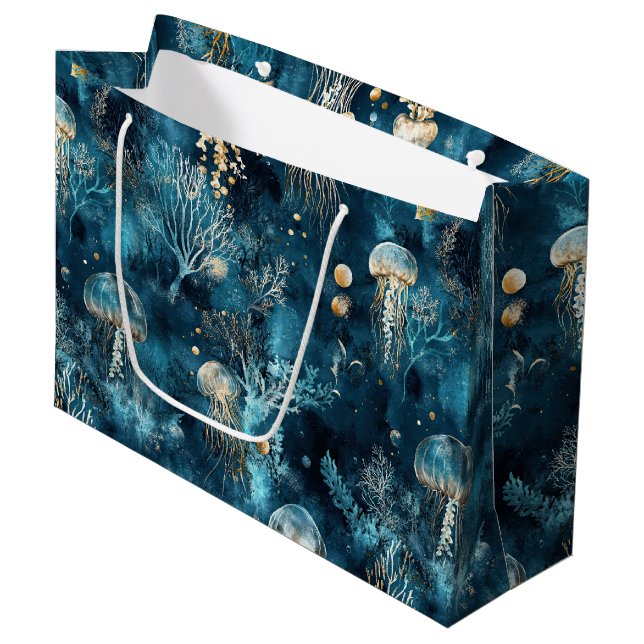 Lux Ocean Jellyfish & Coral Gold Pattern (2) Große Geschenktüte (Vorderseite Schrägansicht)