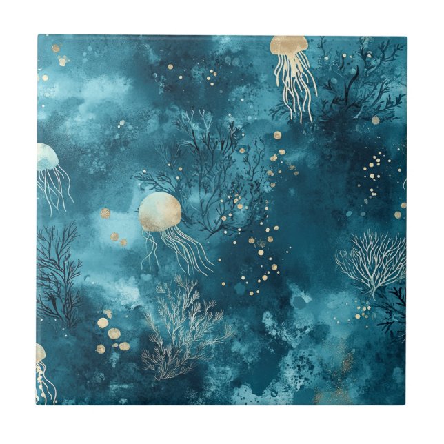 Lux Ocean Jellyfish & Coral Gold Pattern (3) Fliese (Vorderseite)