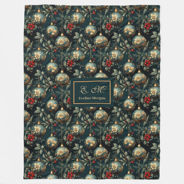 Lux red and green baubles personalized holiday fleecedecke (Vorderseite)