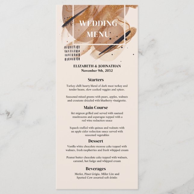 Lux Rose Gold Glitzer rostige Kupfertöne Hochzeit Menükarte (Vorderseite)