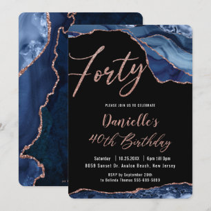 Luxe Agate Sapphire Blue Rose Gold 40. Geburtstag  Einladung