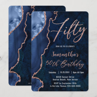 Luxe Agate Sapphire Blue Rose Gold 50. Geburtstag Einladung