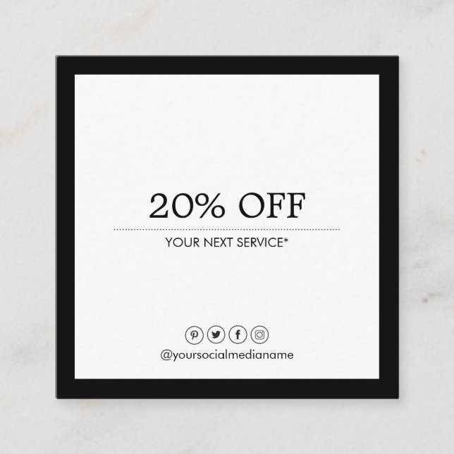 Luxe B&W Rabatt der Minimalistischen modernen Quadratische Visitenkarte (Vorderseite)