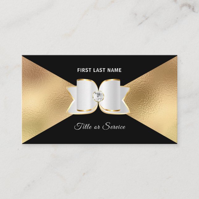 Luxe Black Foil White Bow Kristall Diamond Visitenkarte (Vorderseite)