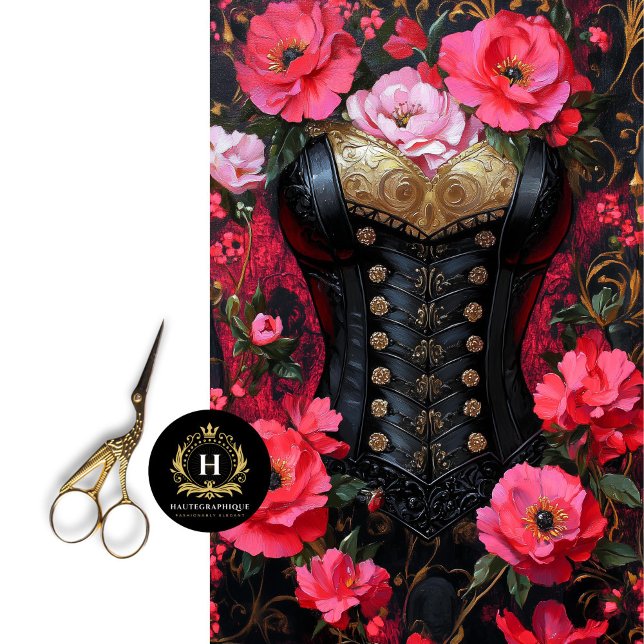 Luxe Black Gold Corset Red Floral Decoupage Seidenpapier (Von Creator hochgeladen)