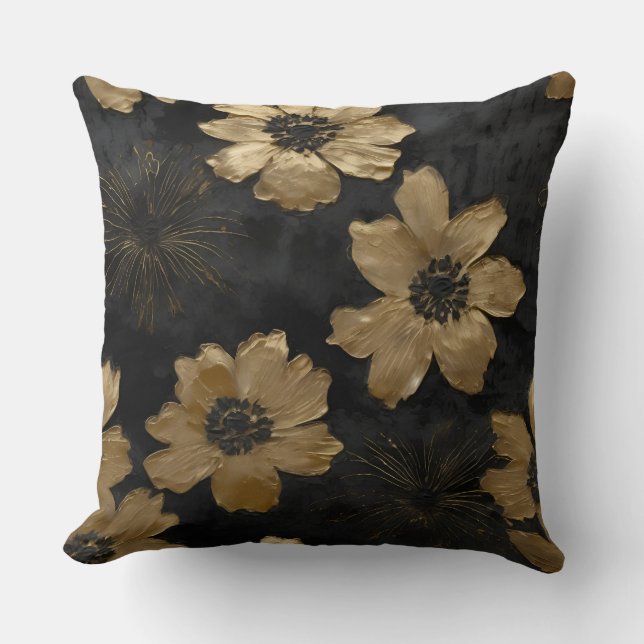 Luxe Black Gold Floral Wohngestaltung Kissen (Vorderseite)