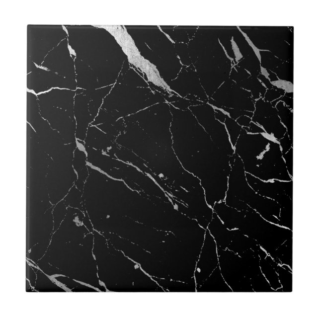 Luxe Black und Silver Marble Keramik Tile Fliese (Vorderseite)