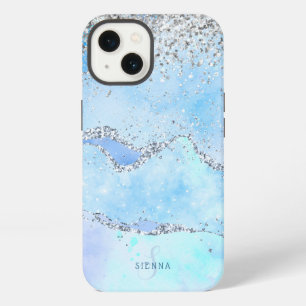 Luxe Blau Marmor & Silber Glitter m./Namen-Monogra iPhone 13 Hülle