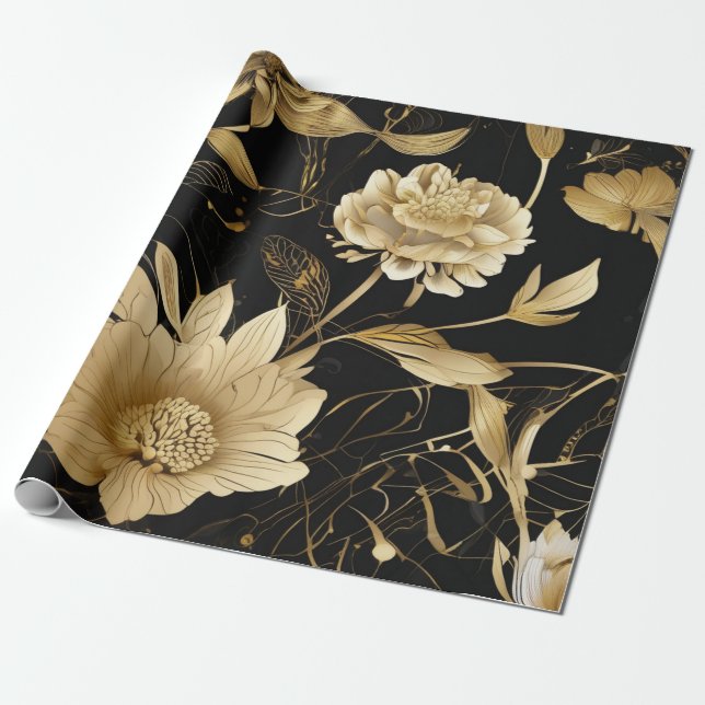 Luxe Blooms: Black & Gold Elegance Geschenkpapier (Ungerollt)