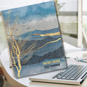 Luxe Blue Gold Watercolor Mountain Planer