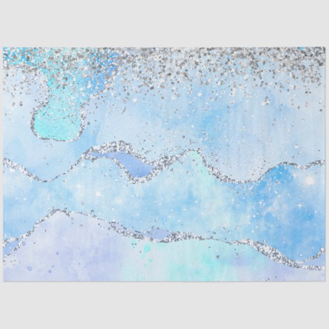 Luxe Blue Marble & Silver Glitzer Seidenpapier (Vorderseite)