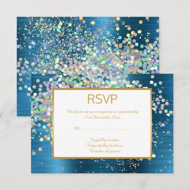 LUXE BLUE RAINBOW HOLOGRAPHISCHE SPOT UAWG RSVP KARTE (Vorne/Hinten)