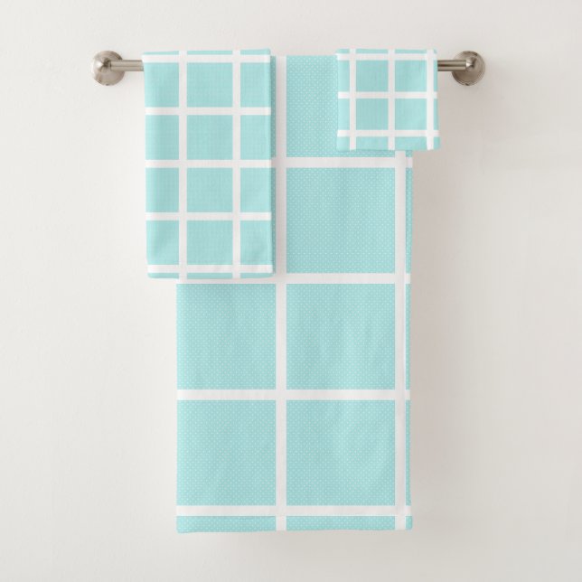 LUXE BLUE WHITE SPOT GRID BATH TOWEL SET (Insitu)