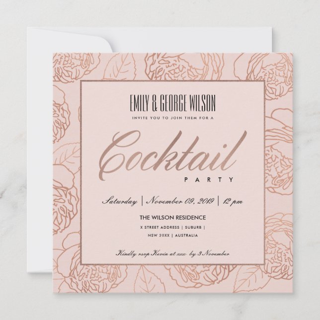 LUXE BLUSH PINK ROSE GOLD FLORAL COCKTAIL PARTY EINLADUNG (Vorderseite)