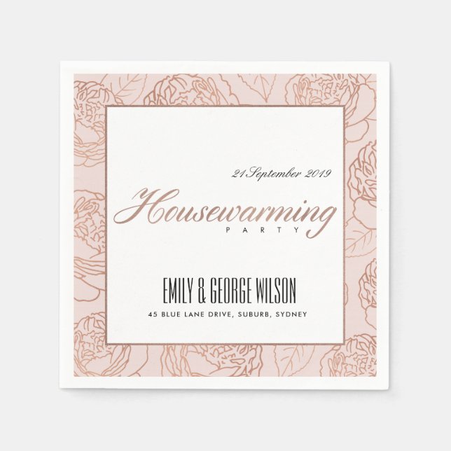 LUXE BLUSH PINK ROSE GOLD FLORAL HOUSEWARMING SERVIETTE (Vorderseite)