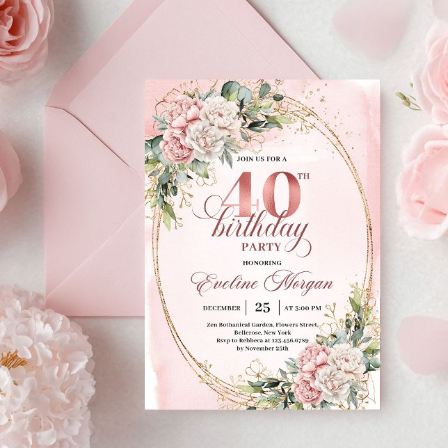 Luxe Bohemian Pastel Pink Floral 40th Birthday  Einladung (Luxe Bohemian Pastel Pink Floral 40th Birthday Invitation)