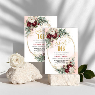 Luxe Boho Marsala Peonies Gold Sweet Sixteen 16th Einladung