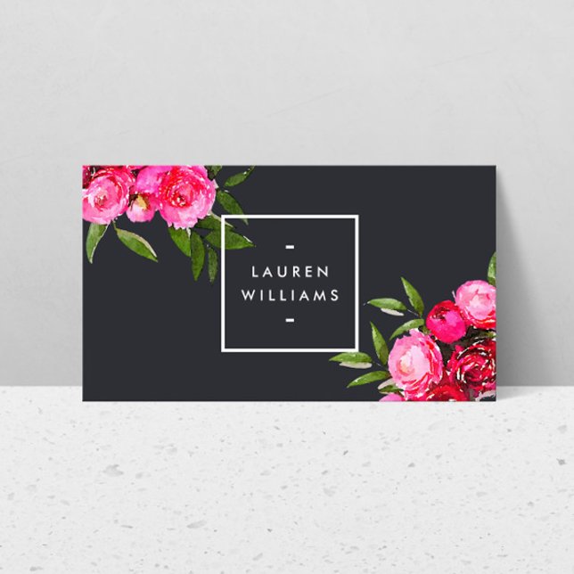 Luxe Bold Wasserfarbe Rose auf Grau Visitenkarte (Von Creator hochgeladen)