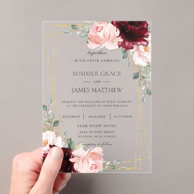 Luxe Burgundy Blush Pink Roses Floral Wedding Acryleinladungen (Insitu (Handheld))