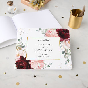 Luxe Burgundy Blush Pink Roses Floral Wedding Gästebuch