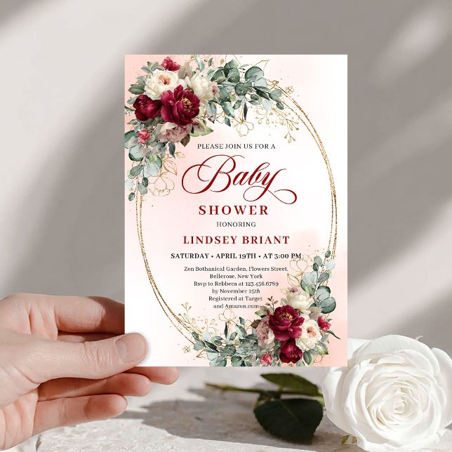 Luxe Burgundy Floral Bohemian Baby Shower Invite Einladung (Luxe Burgundy Floral Bohemian Baby Shower Invite)