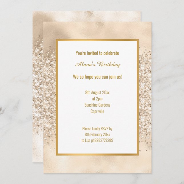 LUXE CHAMPAGNE GLITZER BIRTHDAY EINLADUNG (Vorne/Hinten)
