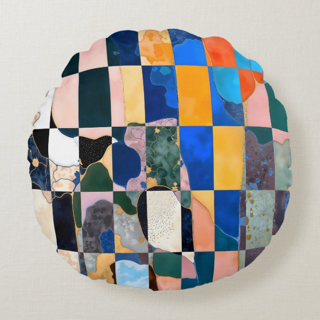 Luxe Checkerboard Vorhang Rundes Kissen (Vorderseite)