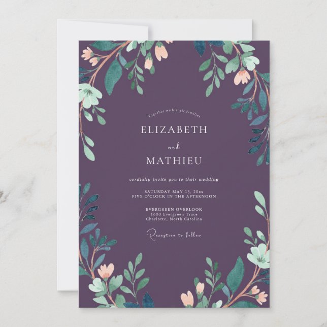 Luxe Deep Plum Leafy Hochzeit Einladung (Vorderseite)