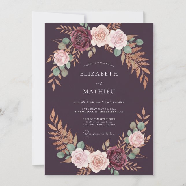 Luxe Deep Purple Kranz Hochzeit Einladung (Vorderseite)