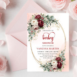 Luxe Deep Red Floral Heart-Shaped Font Baby Shower Einladung