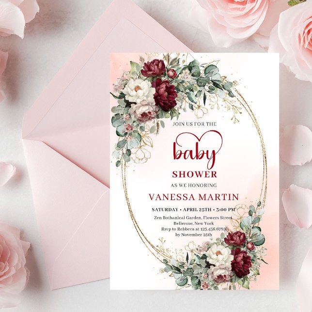 Luxe Deep Red Floral Heart-Shaped Font Baby Shower Einladung (Luxe Deep Red Floral Heart-Shaped Font Baby Shower Invitation)