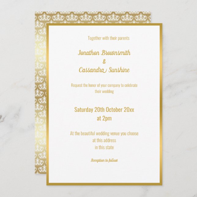 LUXE DELICATE GOLD LACE TIARA WEDING INVITATION EINLADUNG (Vorne/Hinten)