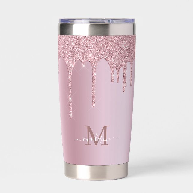 Luxe Dripping Rose Gold Glitzer Monogram Thermobecher (Vorderseite)