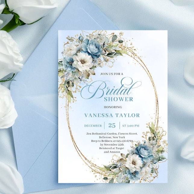 Luxe Dusty Blue Flowers Gold Frame Bridal Shower  Einladung (Luxe Dusty Blue Flowers Gold Frame Bridal Shower Invite)