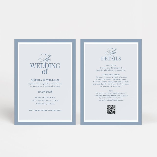 Luxe Dusty Blue mit RSVP-QR-Code | Hochzeit Einladung (Von Creator hochgeladen)
