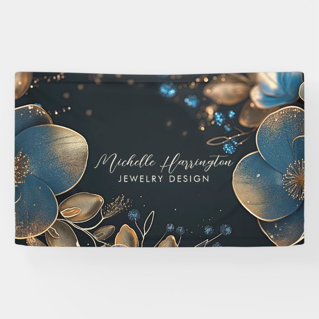 Luxe Elegance Blue and Gold Floral Jeweldesign Banner (Horizontal)