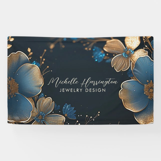 Luxe Elegance Gold und Blue Floral Juwelier Design Banner (Horizontal)