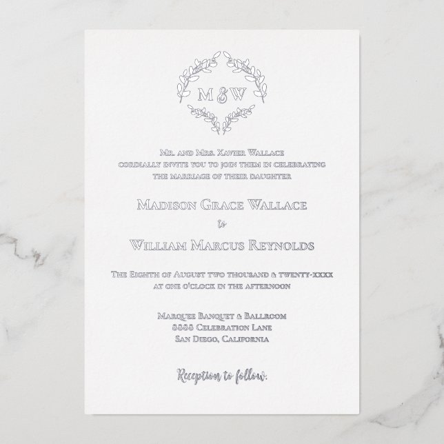 Luxe Elegant Wreath Monogram White Silve Wedding Folieneinladung (Vorderseite)